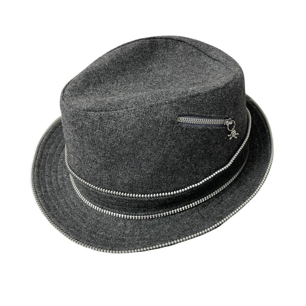 Cha Chas House of Ill Repute Fedora Hat Womens Gray Lined Zip Pocket Skull 6 3/4